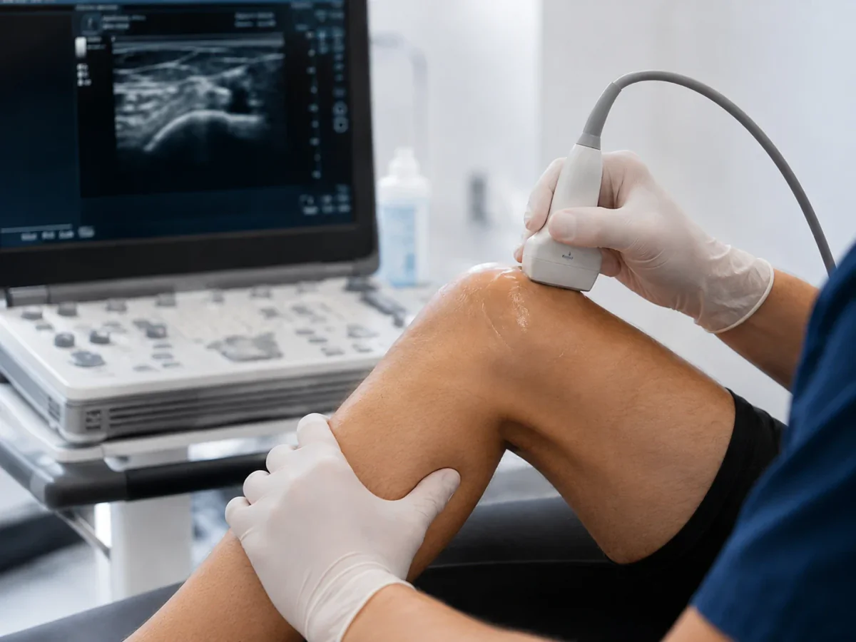 Exame de ultrassom musculoesquelético realizado no joelho
